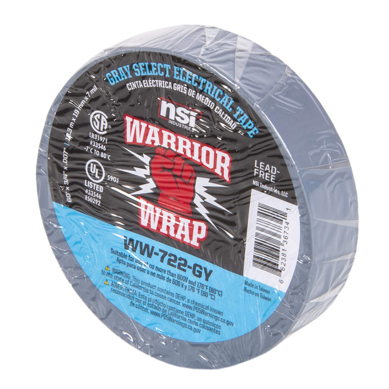  [AUSTRALIA] - NSi Industries WarriorWrap Select 3/4 in. x 60 ft. 7 mil Vinyl Electrical Tape, Gray (WW-722-GY)