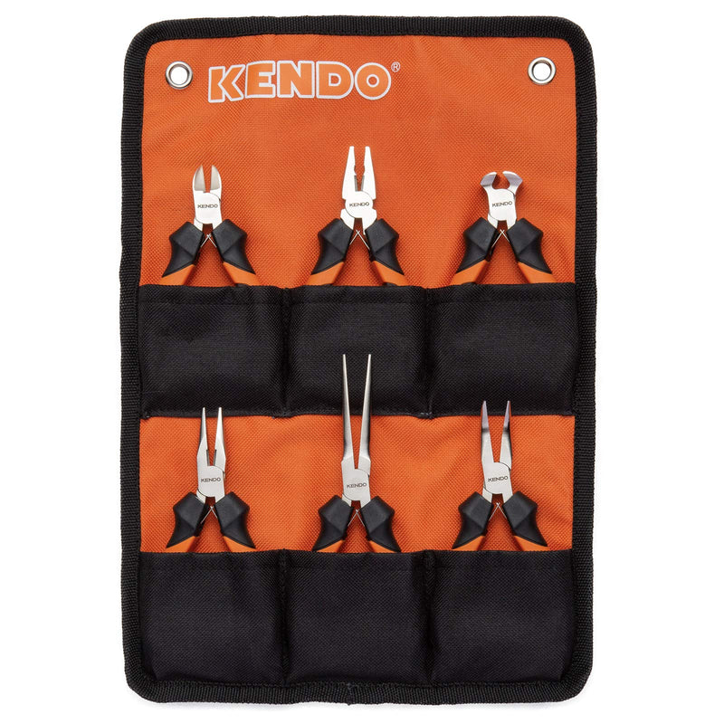  [AUSTRALIA] - KENDO 6-Pieces Mini Pliers Set - Long, Bent, Needle Nose, Diagonal, End Cut, Combination - Spring Loaded Handle, 4.5 Inch - Mechanic, Craftsman Basic Tool Kit - Roll Up Carry Bag Included