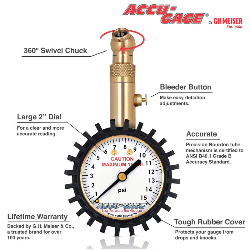 Accu-Gage Low Pressure Tire Gauge with Protective Rubber Guard, Angled Chuck, 15psi 15 PSI - LeoForward Australia