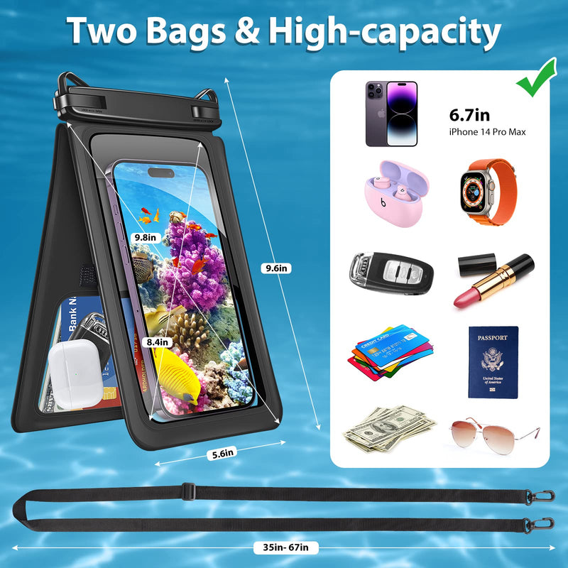  [AUSTRALIA] - SHANSHUI Waterproof Phone Pouch, 2 PCS Double Space Large Wateterproof Phone Bag Holder with Crossbody Lanyard Compatible for iPhone and All Smartphones Premium TPU Dry Bag for Vacation - Black Black x2 (floating)