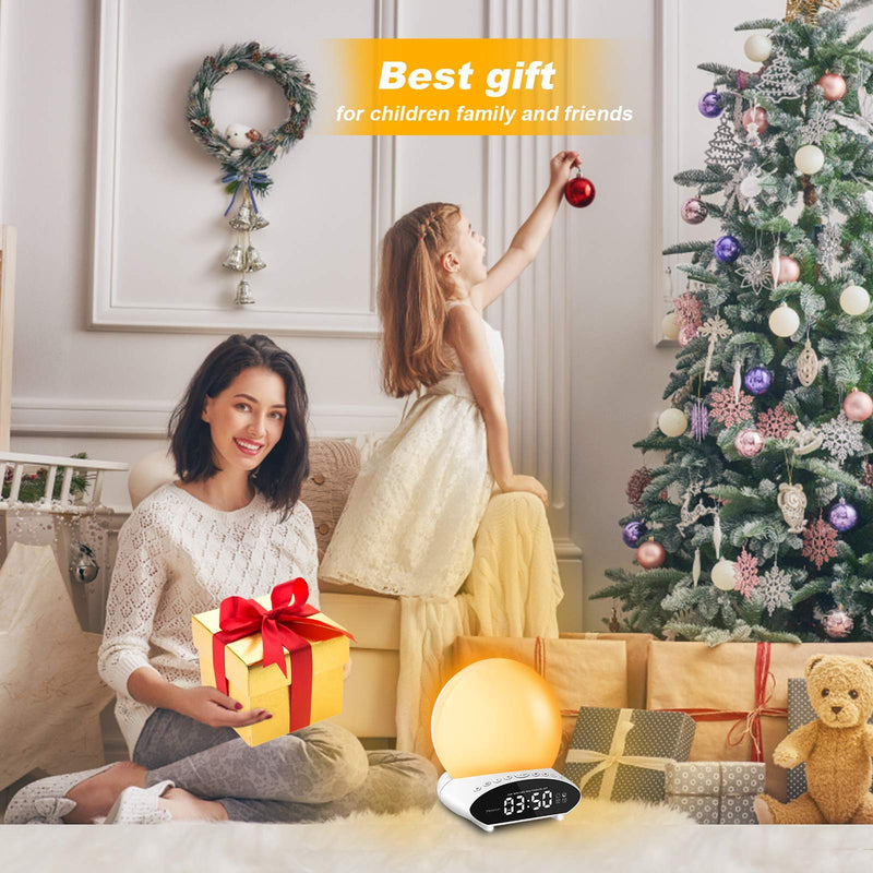  [AUSTRALIA] - Wake Up Light Sunrise Alarm Clock for Kids Bedroom w/Snooze, Upgraded 7 Colors Night Light with 30 Soothing Sounds, 20 Levels of Brightness/Volume, Dual Alarms, FM Radio, USB Player, Digital Display