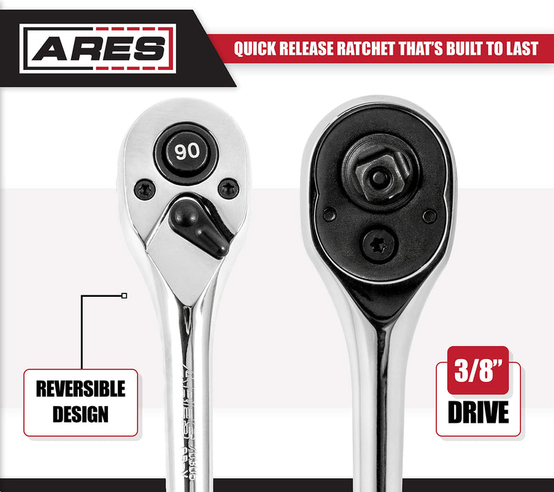  [AUSTRALIA] - ARES 70305-3/8-Inch Drive 90-Tooth Ratchet - Premium Chrome Vanadium Steel Construction & Mirror Polish Finish - Quick Release for Easy Socket Change - 90-Tooth Reversible Design with 4 Degree Swing 3/8-inch Drive 90 Tooth Ratchet