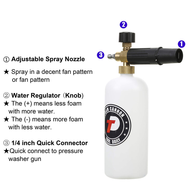 Tool Daily Foam Cannon with 1/4 Inch Quick Connector, 1 Liter, 5 Pressure Washer Nozzle Tips - LeoForward Australia