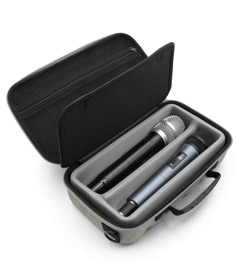  [AUSTRALIA] - CASEMATIX Dual Wireless Microphone Case for Wireless Mic System Compatible with Sennhesier, Shure Microphones and More, Dual Mic Bag with Shoulder Strap and Hard Shell Gray Exterior