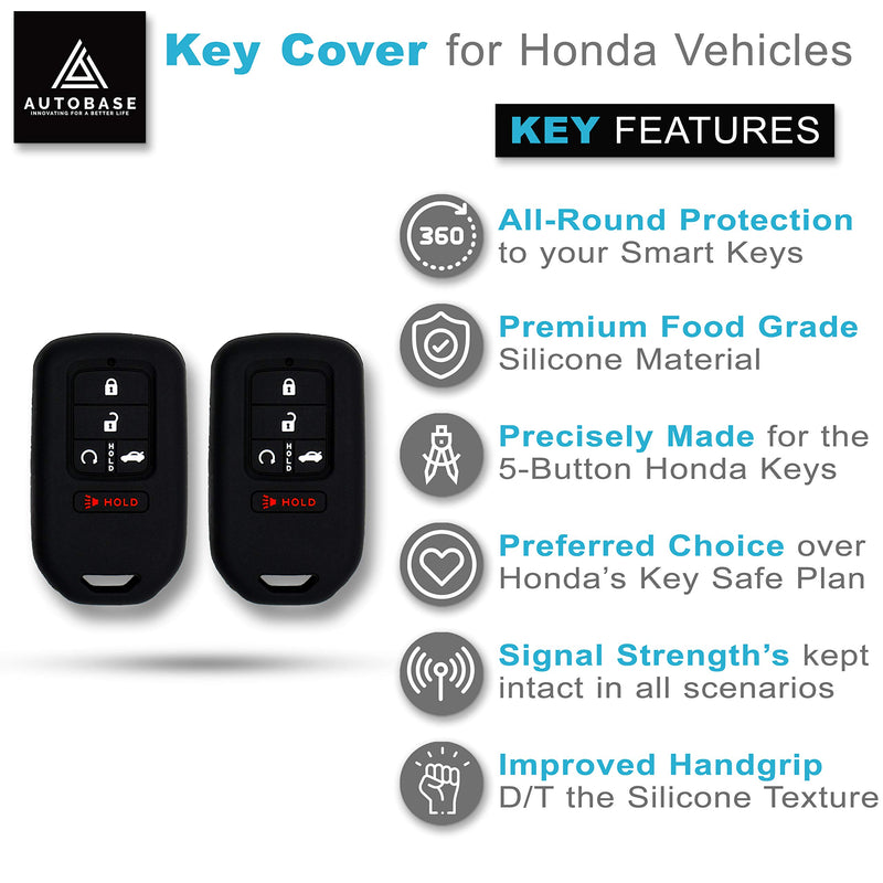 Autobase Silicone Key Fob Cover for Honda Accord Civic CR-V CRV Pilot Passport Insight EX EX-L Touring | Car Accessory | Key Protection Case - 2 Pcs (Black) Black - LeoForward Australia