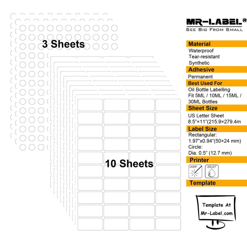  [AUSTRALIA] - Mr-Label Essential Oil Labels – for Inkjet/Laser Printer – Fit 5ml/10ml/15ml/30ml Bottles and Rollers –Smudge-Proof | Strong Glue (400 Rectangles & 462 dots) 400 Rectangles & 462 Dots