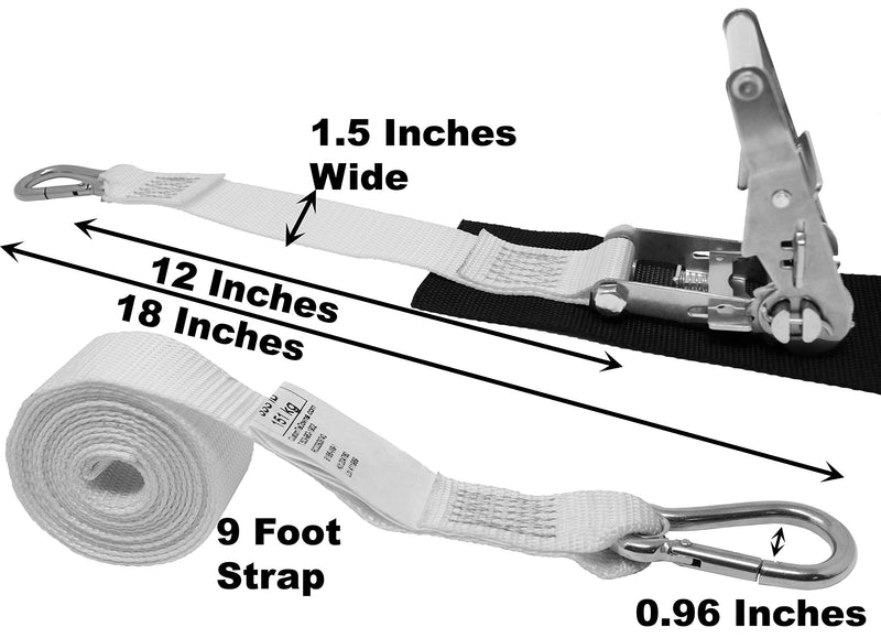  [AUSTRALIA] - CustomTieDowns 1.5 Inch Stainless Steel Ratchet Strap with Protective Pad Under Buckle, Stainless Steel Carabiner Clip with Grommet On Both Ends, Total Strap Length 10 Ft. White