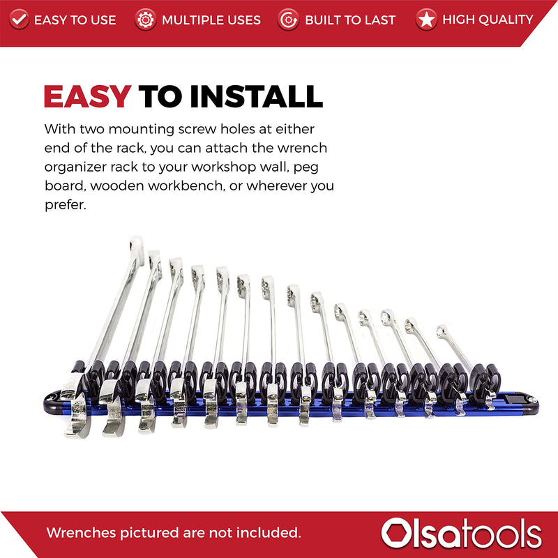  [AUSTRALIA] - Olsa Tools Wall Mount Wrench Organizer with Rotating Clips | Blue Anodized Aluminum + Black Clips | Premium Quality Wrench Holder | 14 Wrenches Fit Rack Blue Aluminum + Black Clips