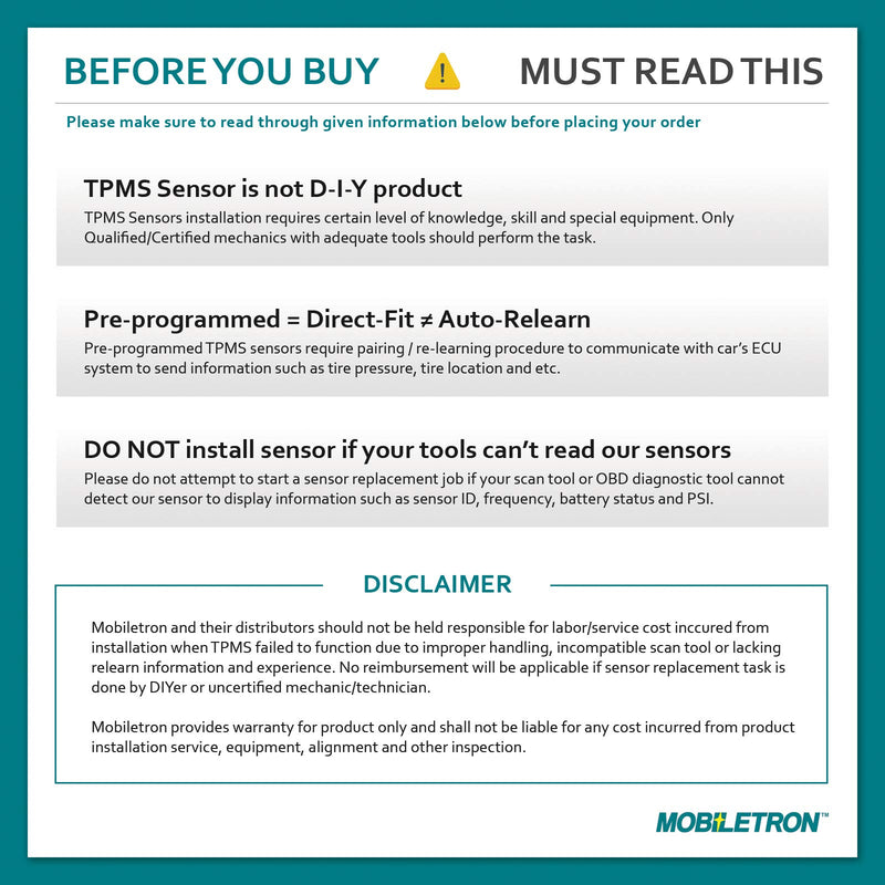 MOBILETRON 315MHz TPMS Tire Pressure Monitoring System Sensors Pre-Programmed for Chevy/Ford/Infiniti/Mitsubishi/Nissan | OE Replacement | TX-S031 - LeoForward Australia