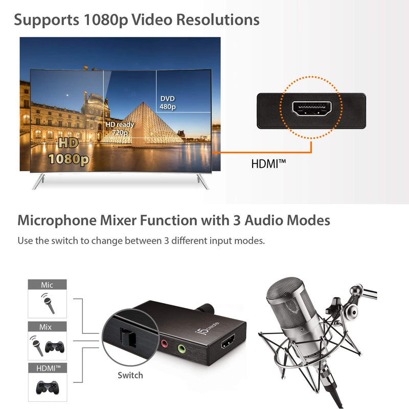  [AUSTRALIA] - j5create Live Video Capture Card JVA02- HDMI to USB-C, Supports 1080p 60FPS Video and Audio Recording, Power Delivery 60W Pass Through, Ideal for PC Xbox Playstation Android Game Live Streaming