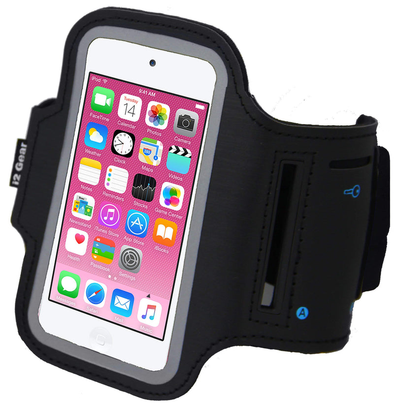 i2 Gear Running Exercise Armband for iPod Touch 7th, 6th and 5th Generation Devices with Reflective Border and Key Holder (Black) Black - LeoForward Australia