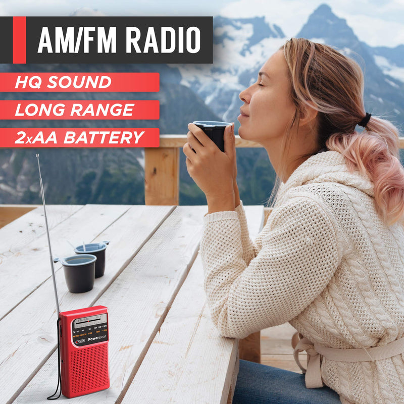  [AUSTRALIA] - PowerBear Portable Radio | AM/FM, 2AA Battery Operated with Long Range Reception for Indoor, Outdoor & Emergency Use | Radio with Speaker & Headphone Jack (Red) Red
