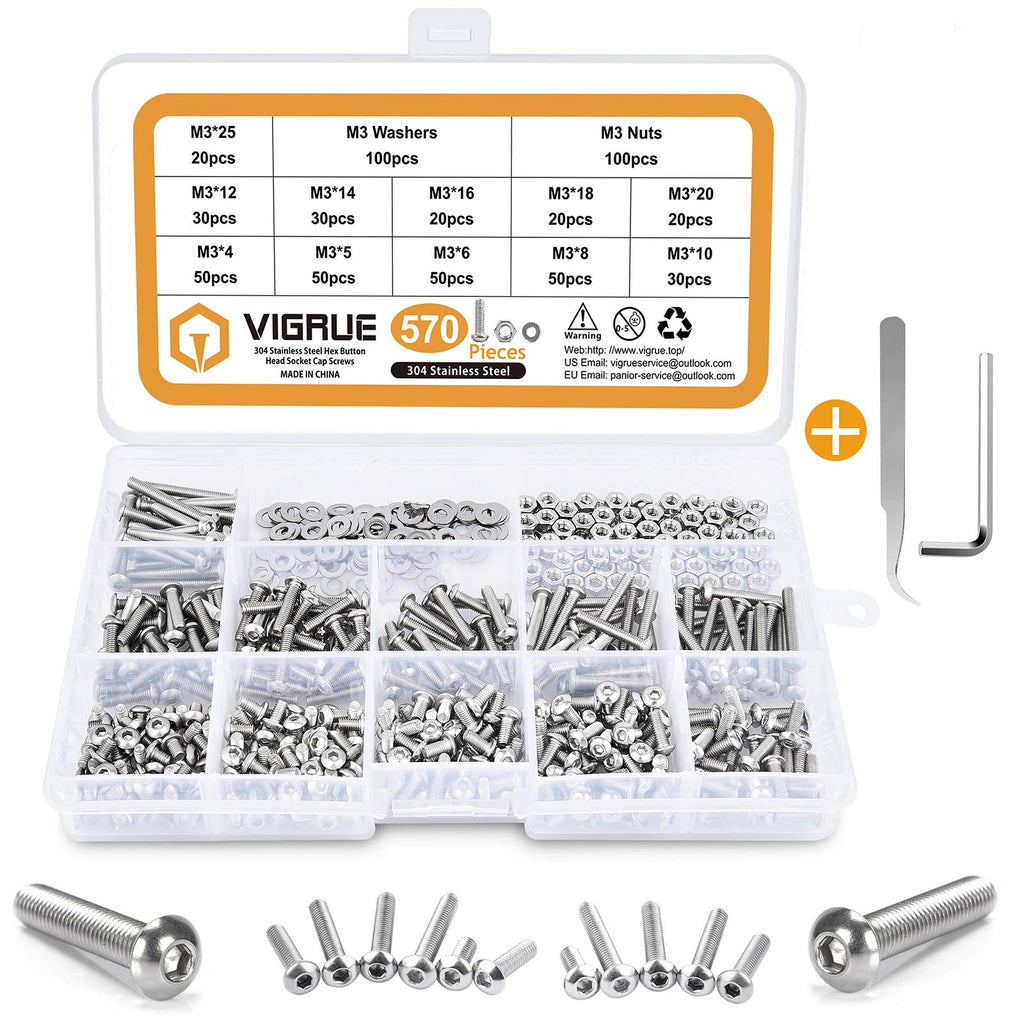  [AUSTRALIA] - VIGRUE 570PCS Stainless Steel M3 Button Head Hex Socket Cap Screw Bolts, M3 x 4/5/6/8/10/12/14/16/18/20/25mm Screw and Nuts Flat Washer Assortment Kit, Fully Machine Thread