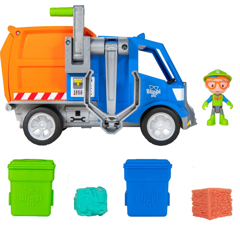 Blippi Recycling Truck - Includes Character Toy Figure, Working Lever, 2 Trash Cubes, 2 Recycling Bins - Sing Along with Popular Catchphrases - Educational Toys for Kids - Amazon Exclusive - LeoForward Australia