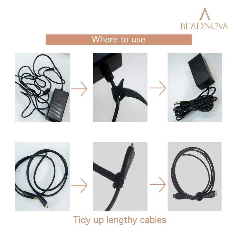 [AUSTRALIA] - BEADNOVA Reusable Cable Straps Adjustable Cable Ties Cord Wire Organizer for Cord Management (8 Inches, 60 Pieces, Black) 2)Black