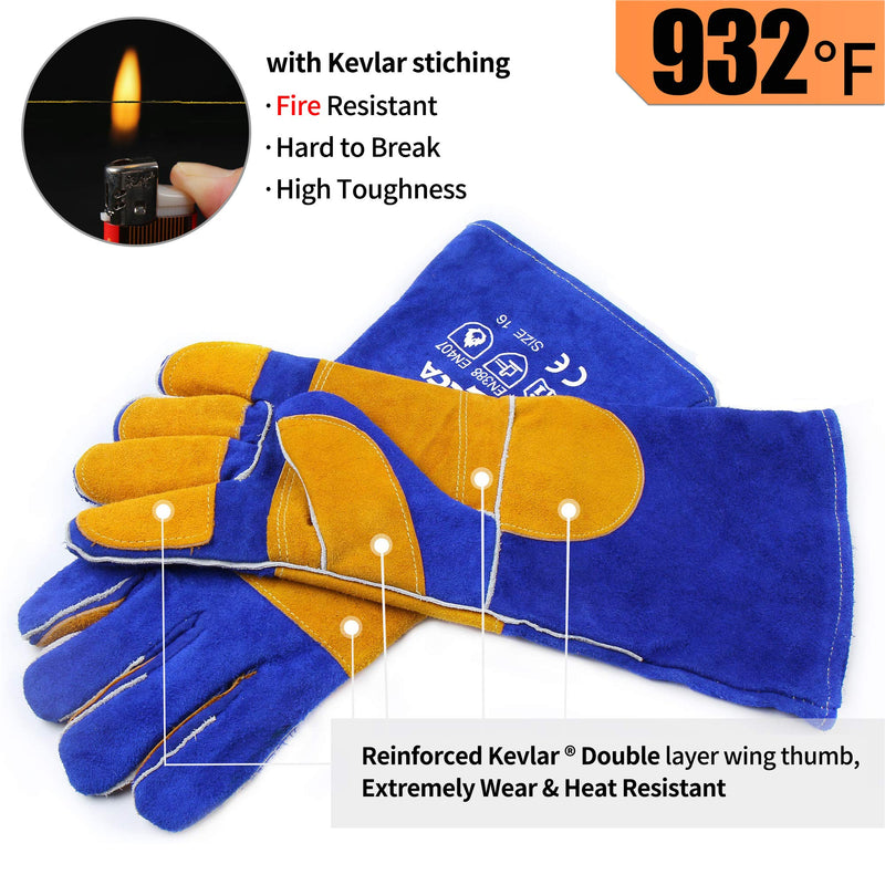  [AUSTRALIA] - RAPICCA Leather Forge/Mig/Stick Welding Gloves Heat/Fire Resistant, Mitts for Oven/Grill/Fireplace/Furnace/Stove/Pot Holder/Tig Welder/Mig/BBQ/Animal handling glove with Extra Long Sleeve Blue(length 16in)