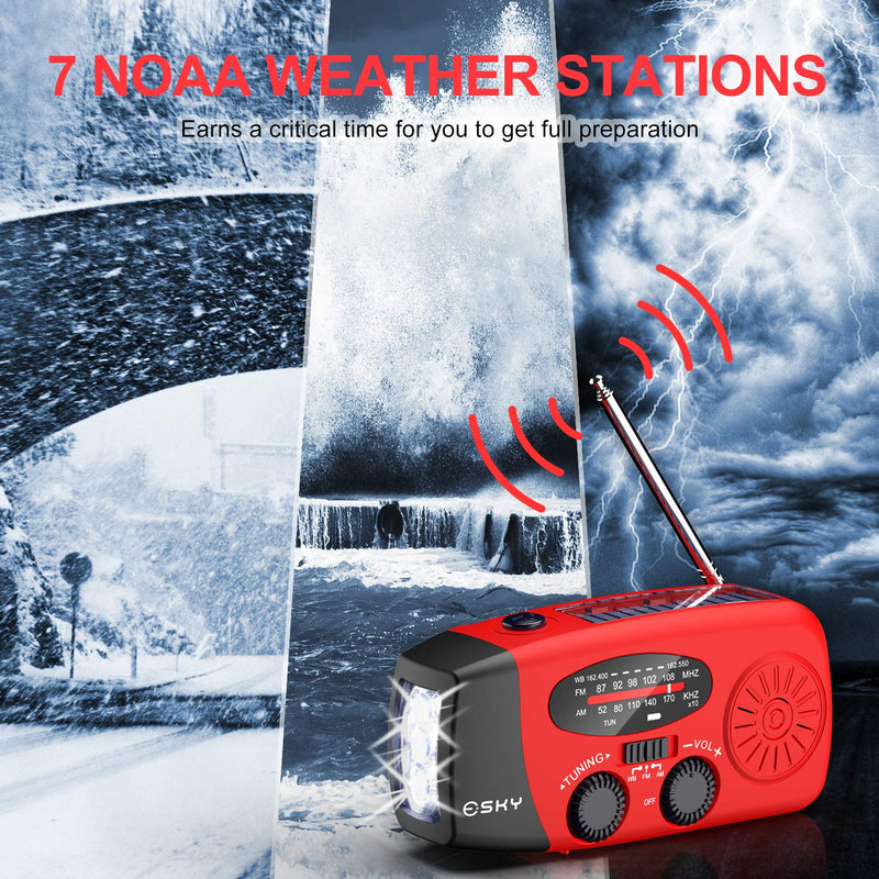  [AUSTRALIA] - Hand Crank Radio with Flashlight for Emergency, Esky Portable Solar Radios, Self Powered AM/FM NOAA Weather Radio with 1000mAh Power Bank Cell Phone Charger, USB Rechargeable, Great Emergency Supplies Red