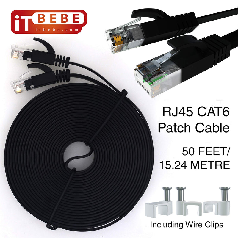  [AUSTRALIA] - ITBEBE Cat6 Ethernet Cable 50 ft, Black – Flat Internet Cord with 3 Micron Gold-Plated RJ45 Connectors and Snag-Proof Clips – Fast Speeds and Superior Signal Strength 50-ft Cat6 Black Cable