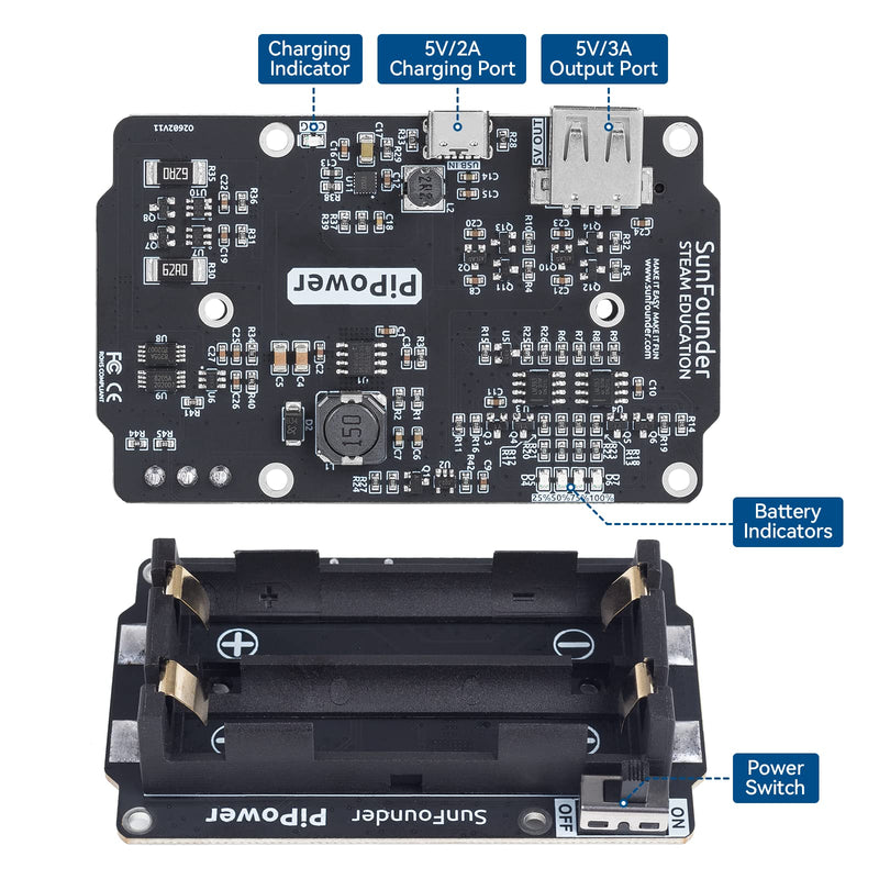  [AUSTRALIA] - SunFounder Raspberry Pi UPS Power Supply Module V2.0 Supports Pass Through Charging, 5V/3A Lithium Battery Power Pack Expansion Board Compatible with Raspberry Pi 4, 3 and All Model B/B+