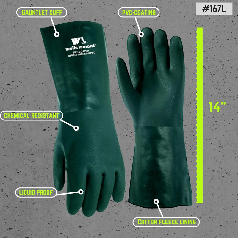  [AUSTRALIA] - Wells Lamont Heavy Duty 14” PVC Coated Work Gloves | Chemical & Liquid Resistant, Cotton Lined |(167L) , Green 14 Inch Glove 2 Count (Pack of 1)