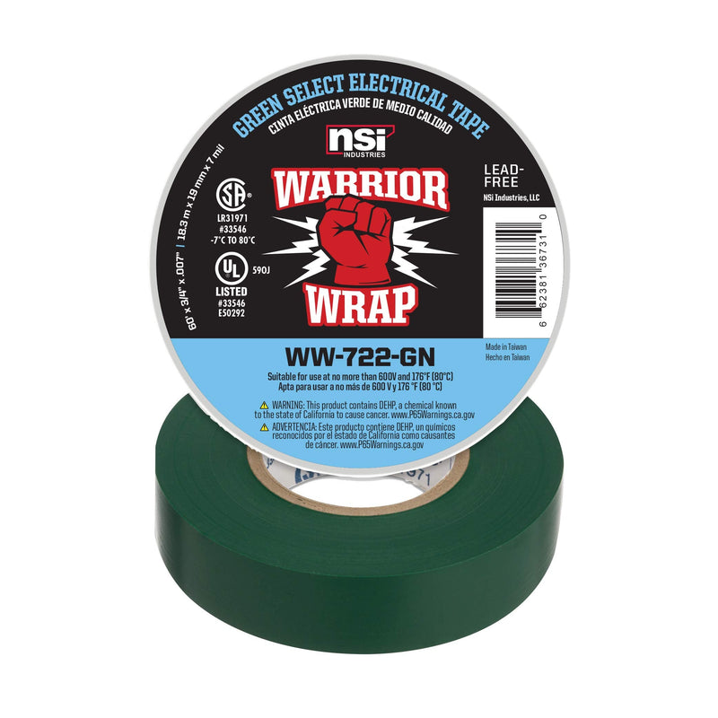  [AUSTRALIA] - NSi Industries WarriorWrap Select 3/4 in. x 60 ft. 7 mil Vinyl Electrical Tape, Green (WW-722-GN)