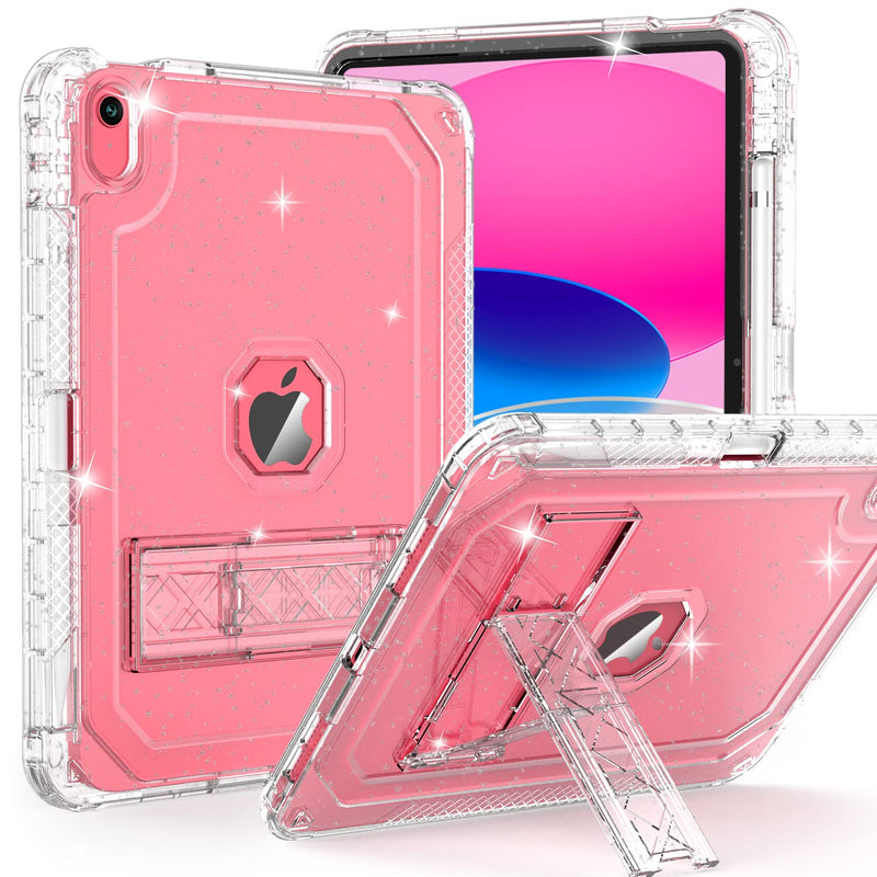  [AUSTRALIA] - ZoneFoker Case for iPad 10th Generation 10.9 inch 2022, Heavy Duty Shockproof Rugged Protective with Pencil Holder, 10.9" 10 Gen Translucent Cover with Kickstand for Kids, Clear Glitter