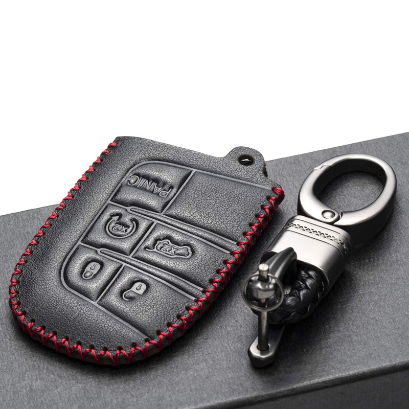 Vitodeco Genuine Leather Smart Key Keyless Remote Entry Fob Case Cover with Key Chain for JEEP, Dodge, Chrysler (5 Buttons, Black/Red) 5 Buttons - LeoForward Australia