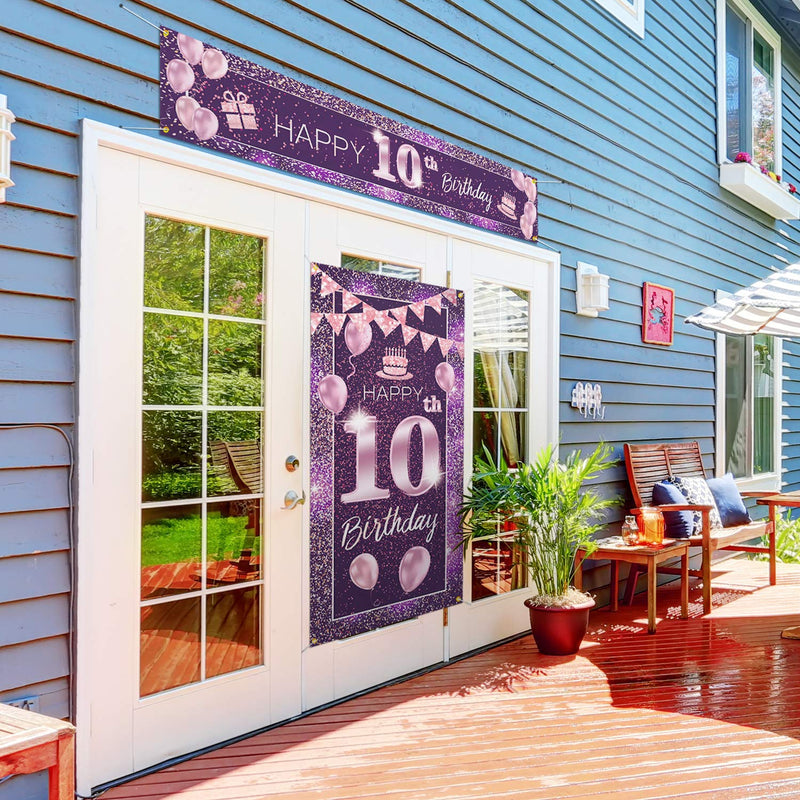  [AUSTRALIA] - PAKBOOM Happy 10th Birthday Door Cover Porch Banner Sign Set - 10 Years Old Birthday Decoraions Party Supplies for Girls - Purple Pink