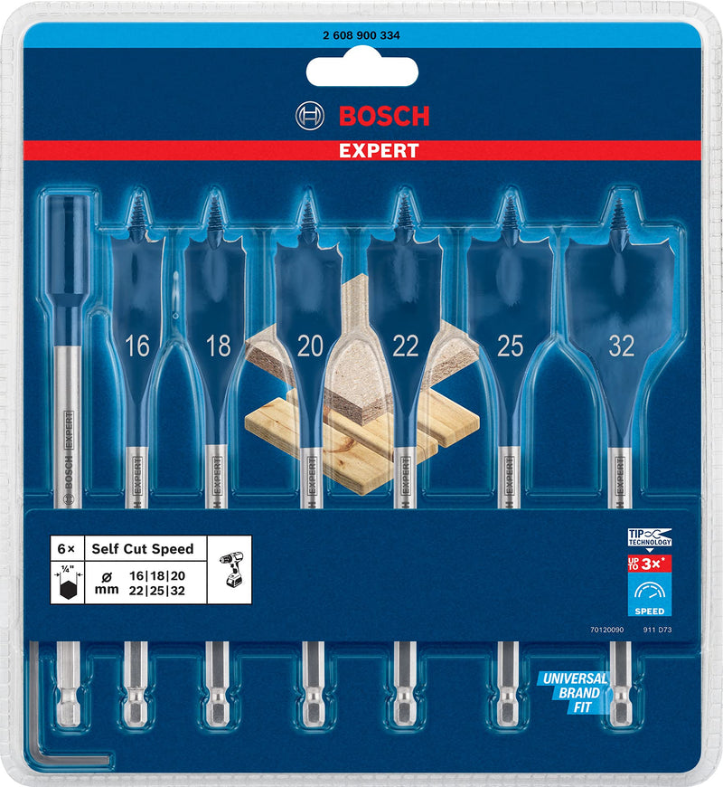  [AUSTRALIA] - Bosch Accessories 7x Expert SelfCut Speed flat milling drill set (for soft wood, coarse chipboard, Ø 16-32 mm, impact drill accessories) New version