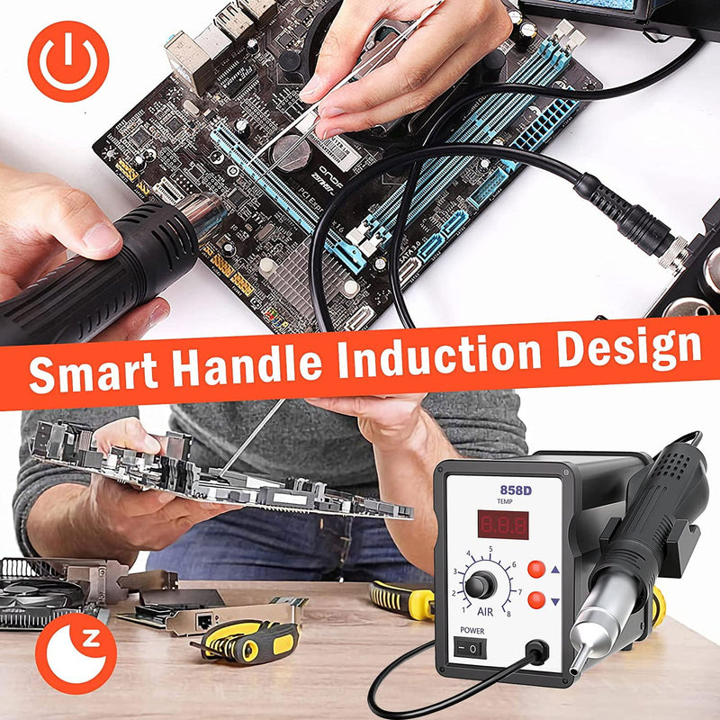  [AUSTRALIA] - 858D hot air soldering station, techextra hot air soldering device, rework station LED digital display 100-480°C, 700W hot air soldering station with 3 hot air dryer mouthpieces for BGA, SOIC, CHIP, QFP, PLCC SMD 858D