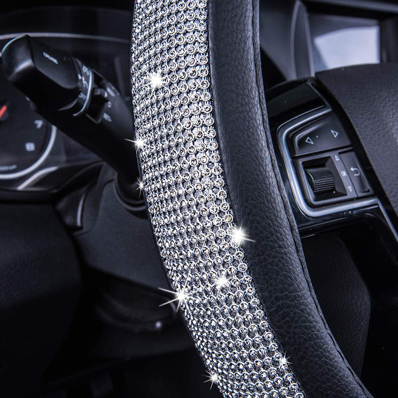  [AUSTRALIA] - CAR PASS Glorious Rhinestones Leather Universal Steering Wheel Cover, Fit for Suvs,Vans,sedans,Cars,Trucks (Silver) Silver