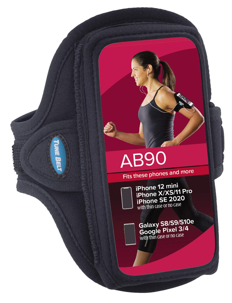 Tune Belt AB90 Exercise Armband for Cell Phones - iPhone 12 Mini, 11 Pro, SE 2020, X XS, Galaxy S10e S9 - Water Resistant Pouch for Running & Working Out (Black) - LeoForward Australia