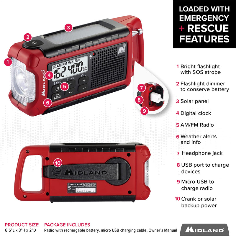  [AUSTRALIA] - Midland - ER210, Emergency Compact Crank Weather AM/FM Radio - Multiple Power Sources, SOS Emergency Flashlight, NOAA Weather Scan + Alert, & Smartphone/Tablet Charger (Red/Black)