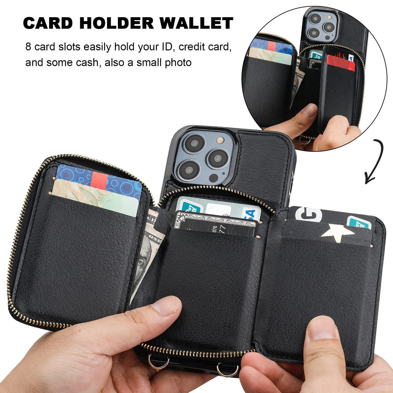  [AUSTRALIA] - Bocasal RFID Blocking Wallet Case for iPhone 14 Pro Max, Adjustable Crossbody Zipper Purse Case Card Holder with Kickstand Detachable Wrist Strap, PU Leather Flip Folio Case 6.7 Inch 5G (Black) Black