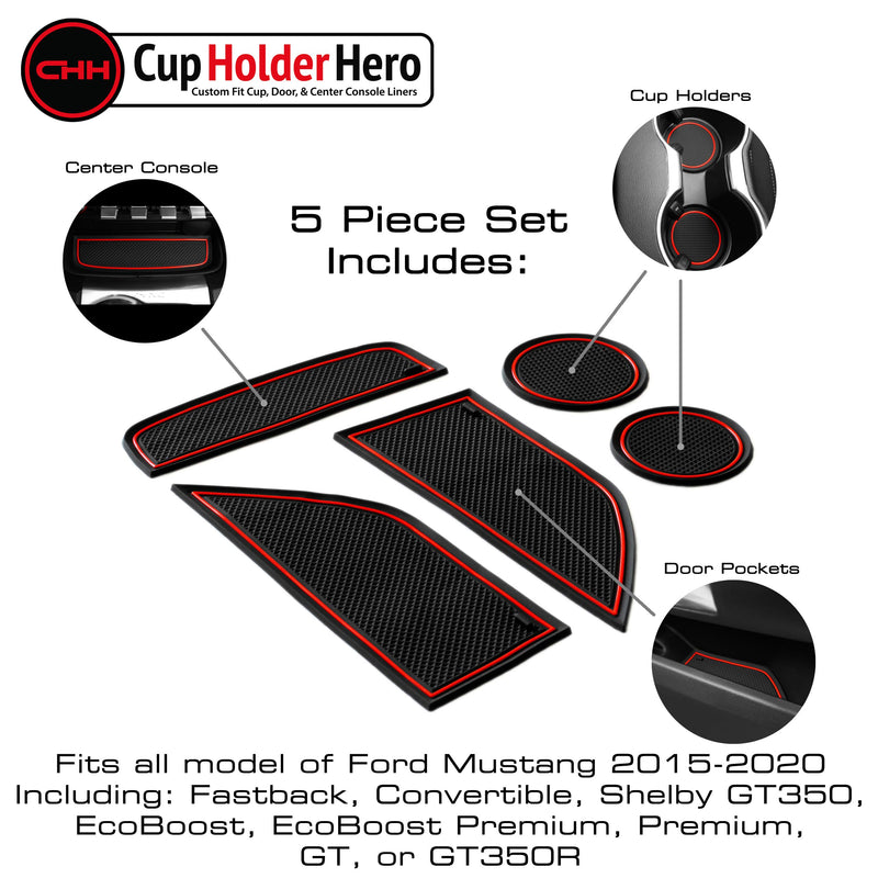  [AUSTRALIA] - CupHolderHero for Ford Mustang 2015-2020 Custom Liner Accessories - Premium Cup Holder, Console, and Door Pocket Inserts 5-pc Set (Red Trim) Red Trim