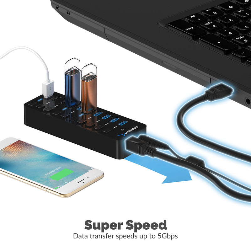 Sabrent 60W 10-Port USB 3.0 Hub Includes 3 Smart Charging Ports with Individual Power Switches and LEDs + 60W 12V/5A Power Adapter (HB-B7C3) 7 + 3 Charging Ports - LeoForward Australia