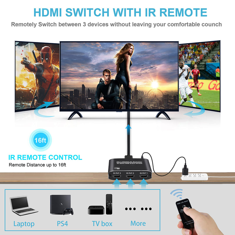  [AUSTRALIA] - NEWCARE HDMI 2.0b Switch 3 in 1 Out 【with High Speed 3.9 FT HDMI Cable】, 3x1 HDMI Selector Switch with Remote,Support UHD 4K@60Hz Ultra HD 3D 1080P, HDCP 2.2 HDR,18.5Gbps HDMI Switcher HDMI Switch 3x1