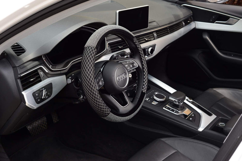  [AUSTRALIA] - KAFEEK Diamond Steering Wheel Cover with Bling Bling Crystal Rhinestones, Universal 15 inch Anti-Slip, Breathable Ice Silk Black Diamond
