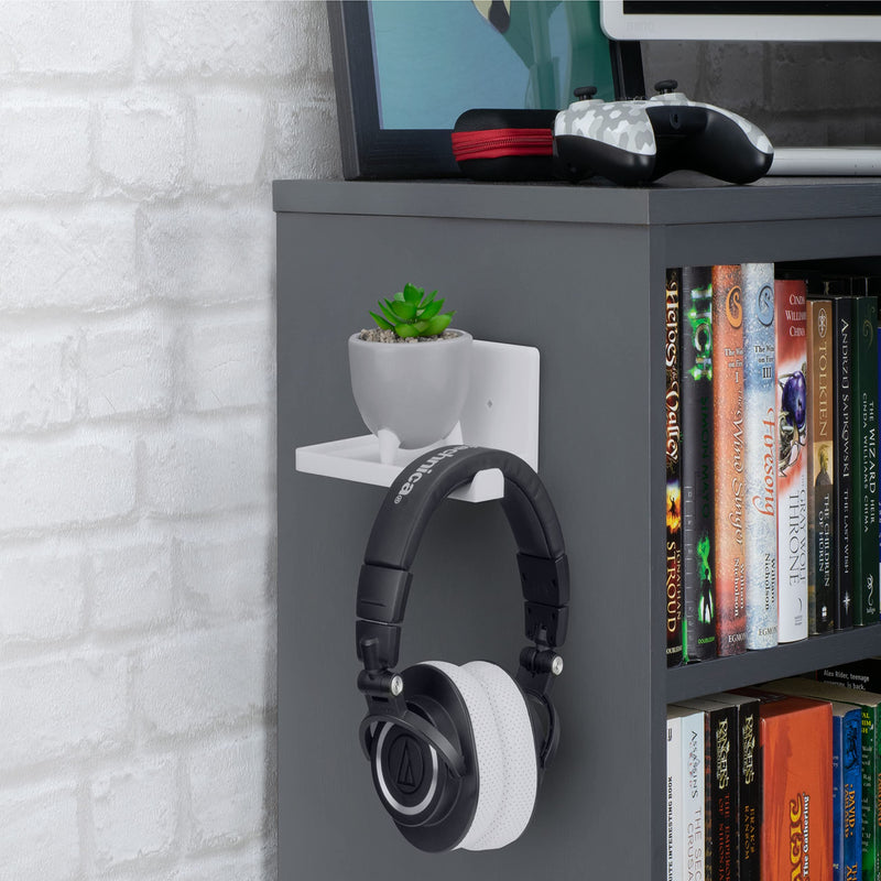  [AUSTRALIA] - BRAINWAVZ [EOL] 5” Small Shelf with Headphone Hanger, Adhesive & Screw in, for Bluetooth Speakers, Cameras, Plants, Toys, Books & More (RF2105-HP, White) [EOL] SideShelf Headphones