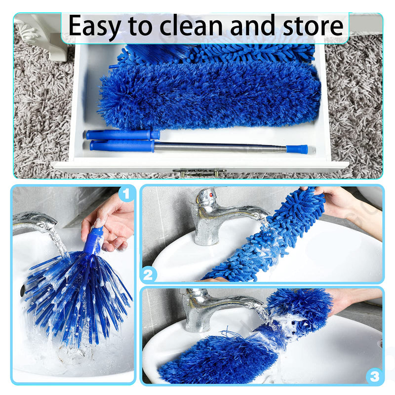 Microfiber Dusters w 2 Handle Sets, Durable 15~100 Inchs Long Telescopic Rod, Washable, Feather Dusters for Cleaning Cobweb, Ceilings Fans (3 Pack)…… Blue - LeoForward Australia