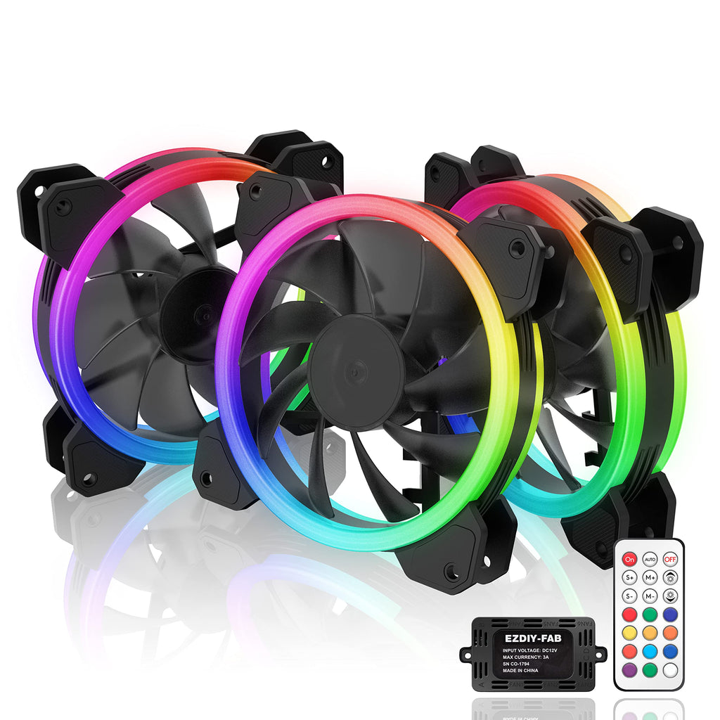  [AUSTRALIA] - EZDIY-FAB Dual Ring 120mm RGB Case Fan 3-Pack,Quiet Edition High Airflow Adjustable Color LED Case Fan for PC Cases, CPU Coolers with Remote Controller