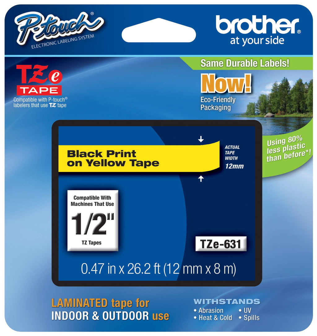  [AUSTRALIA] - Brother Genuine P-Touch TZE-631 Tape, 1/2" (0.47") Standard Laminated P-Touch Tape, Black on Yellow, Laminated for Indoor or Outdoor Use, Water Resistant, 26.2 Feet (8M), Single-Pack 0.47 in x 26.2 ft