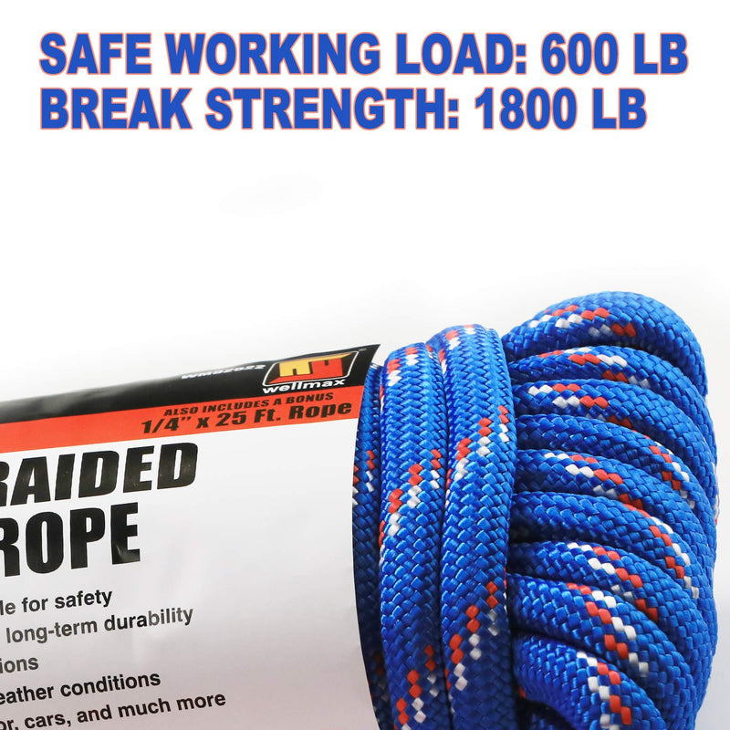  [AUSTRALIA] - Wellmax Diamond Braid Nylon Rope, 1/2in X 50FT with Bonus 1/4in x 25FT Cord UV Resistant, High Strength and Weather Resistant