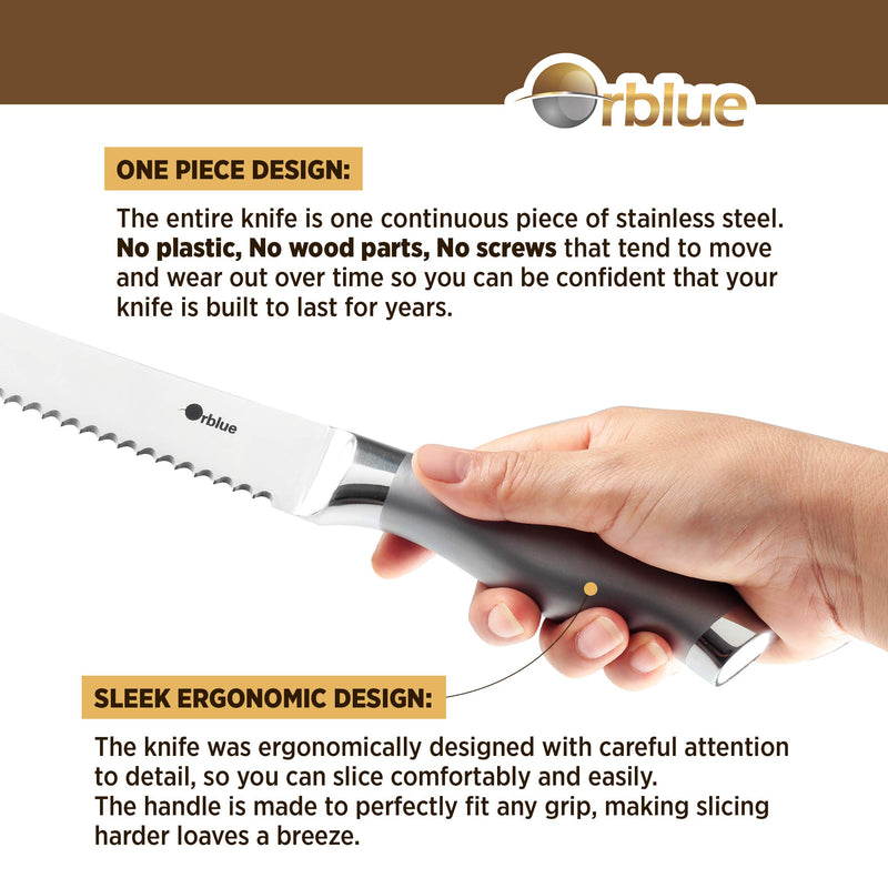  [AUSTRALIA] - Orblue Serrated Bread Knife Ultra-Sharp Stainless Steel Professional Grade Bread Cutter - Cuts Thick Loaves Effortlessly - Ideal for Slicing Bread, Bagels, Cake (8-Inch Blade with 4.9-Inch Handle)