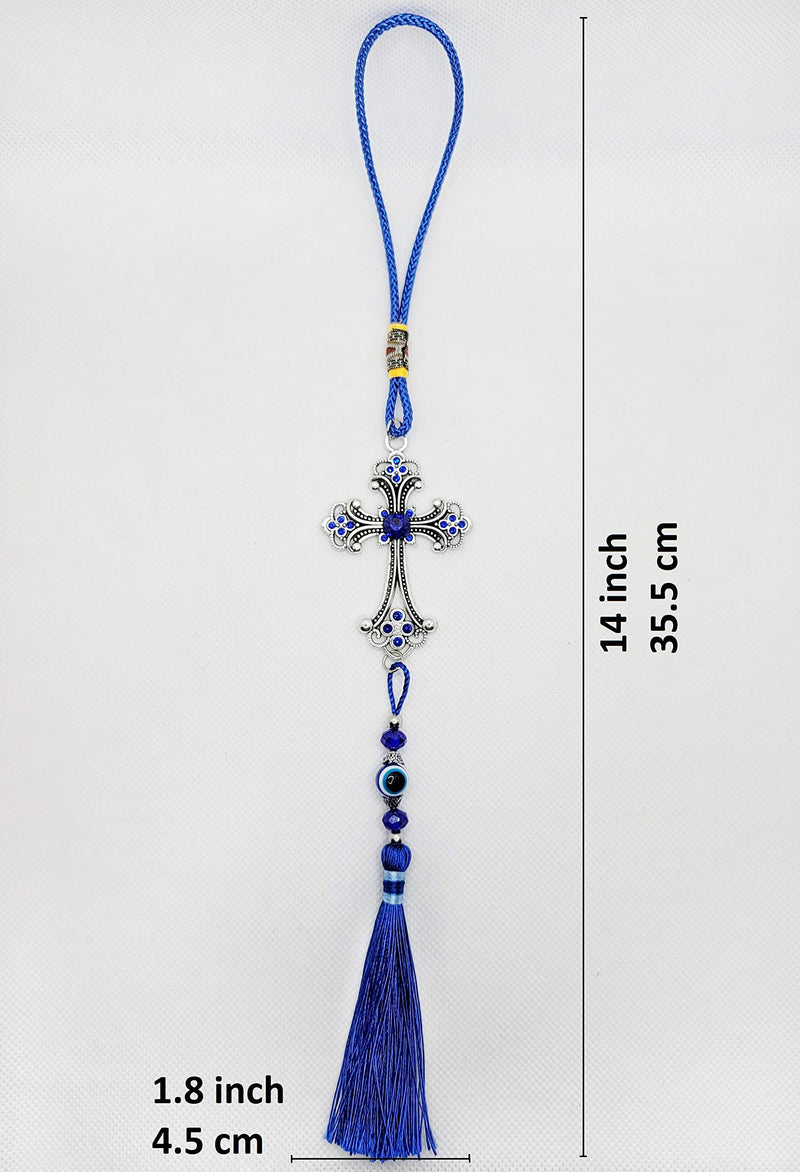  [AUSTRALIA] - Luckboostium Evil Eye Cross Charm Pendant For Good Luck And Protection, Comes With Traditional Blue And White Colors With Matching Tassels And Durable Cord For Hanging In Cars Or On Walls And Bags