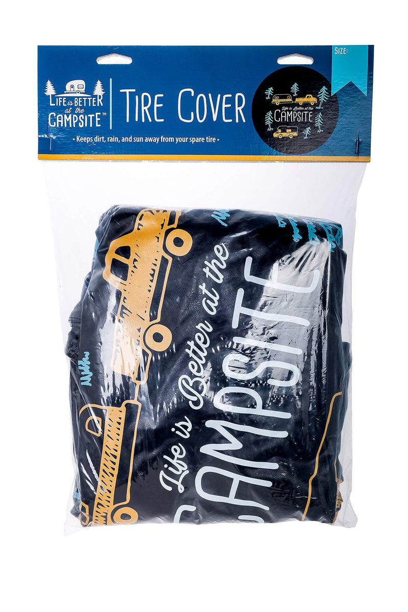  [AUSTRALIA] - Camco Life is Better at Campsite 27" Vinyl Cover with Elastic Hem-Durable Design Keeps Dirt, Rain, and Sun Away from Your Spare Tire (53292) 27" Tires Black with Sketch Design