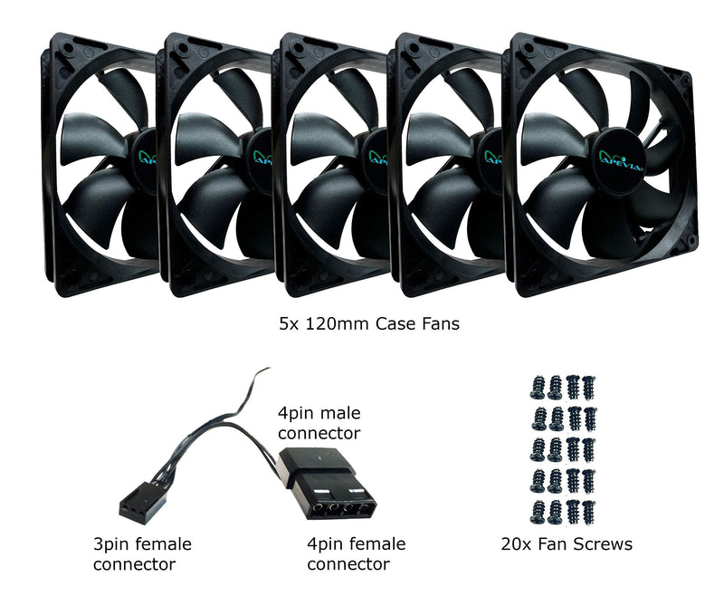  [AUSTRALIA] - Apevia CF512S-BK 120mm 4pin & 3pin Black Silent Case Fan (5-pk) 5-pk