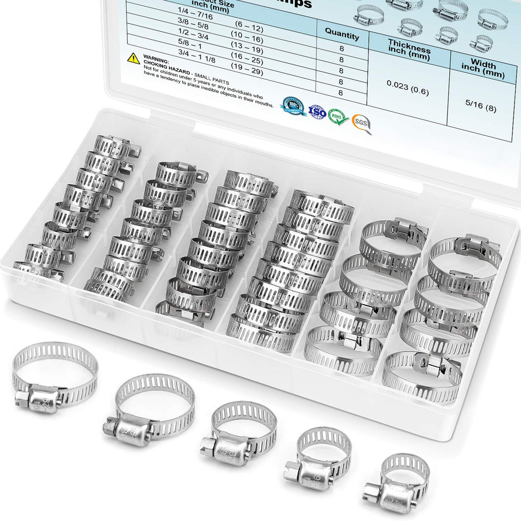  [AUSTRALIA] - TICONN 40PCS Hose Clamp Set - 1/4''–1-1/8'' 304 Stainless Steel Worm Gear Hose Clamps for Pipe, Intercooler, Plumbing, Tube and Fuel Line 40 Pcs Kit