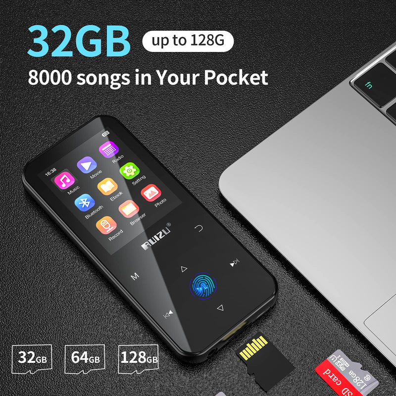  [AUSTRALIA] - MP3 Player with Bluetooth 5.0, Portable Digital Music Player 32GB with FM Radio, Voice Recorder, E-Book Reader, Video, Pedometer, Alarm Clock, Supports up to 128GB Micro SD Card