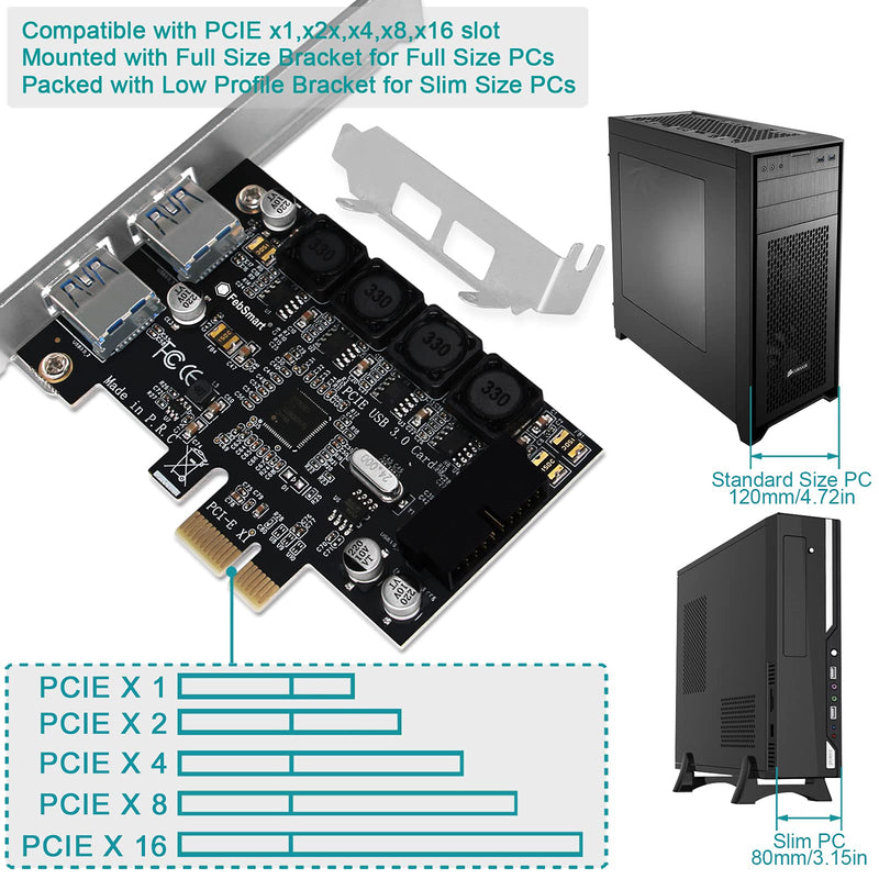  [AUSTRALIA] - FebSmart 1X 19Pin USB 3.0 Header and 2X USB-A Ports PCIE USB 3.0 Card for Windows Server, XP, Vista, 7, 8, 8.1, 10 PCs-Build in Self-Powered Technology-No Need Additional Power Supply (FS-HA-Pro)